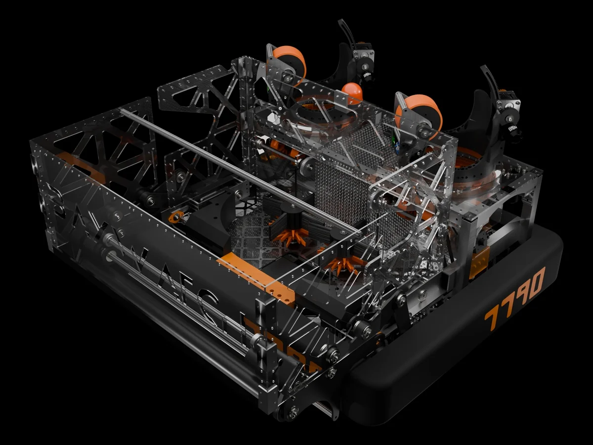 CAD render of MIRA showing its dual turreted shooters and six-bar intake
